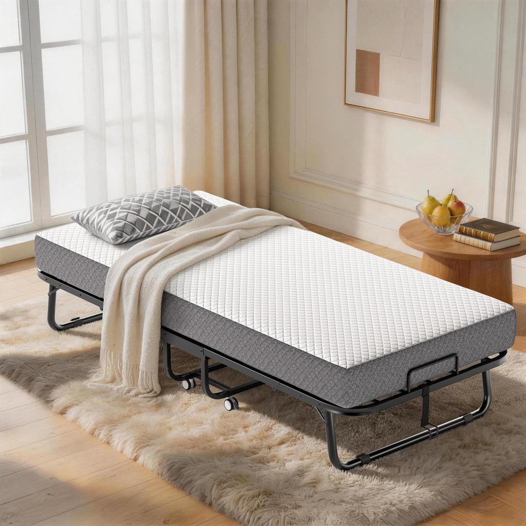 Folding Bed with Memory Foam Mattress Twin Size Metal Frame White Z76559