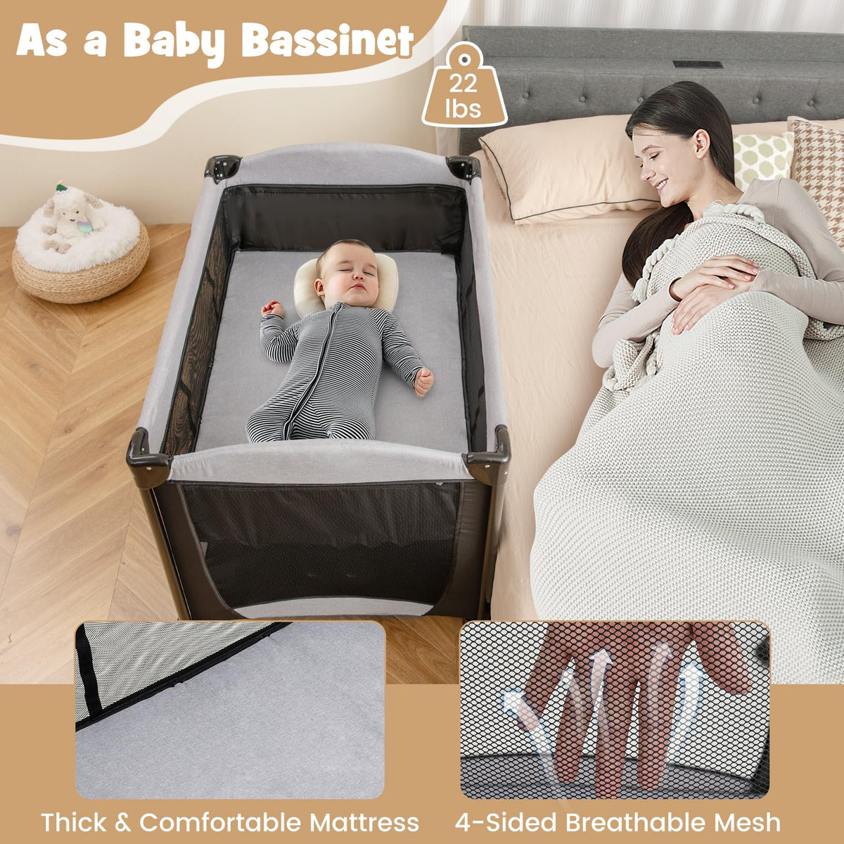 4 in 1 Pack and Play Portable Baby Playard with Changing Table Bassinet Mattress Carry Bag C86514