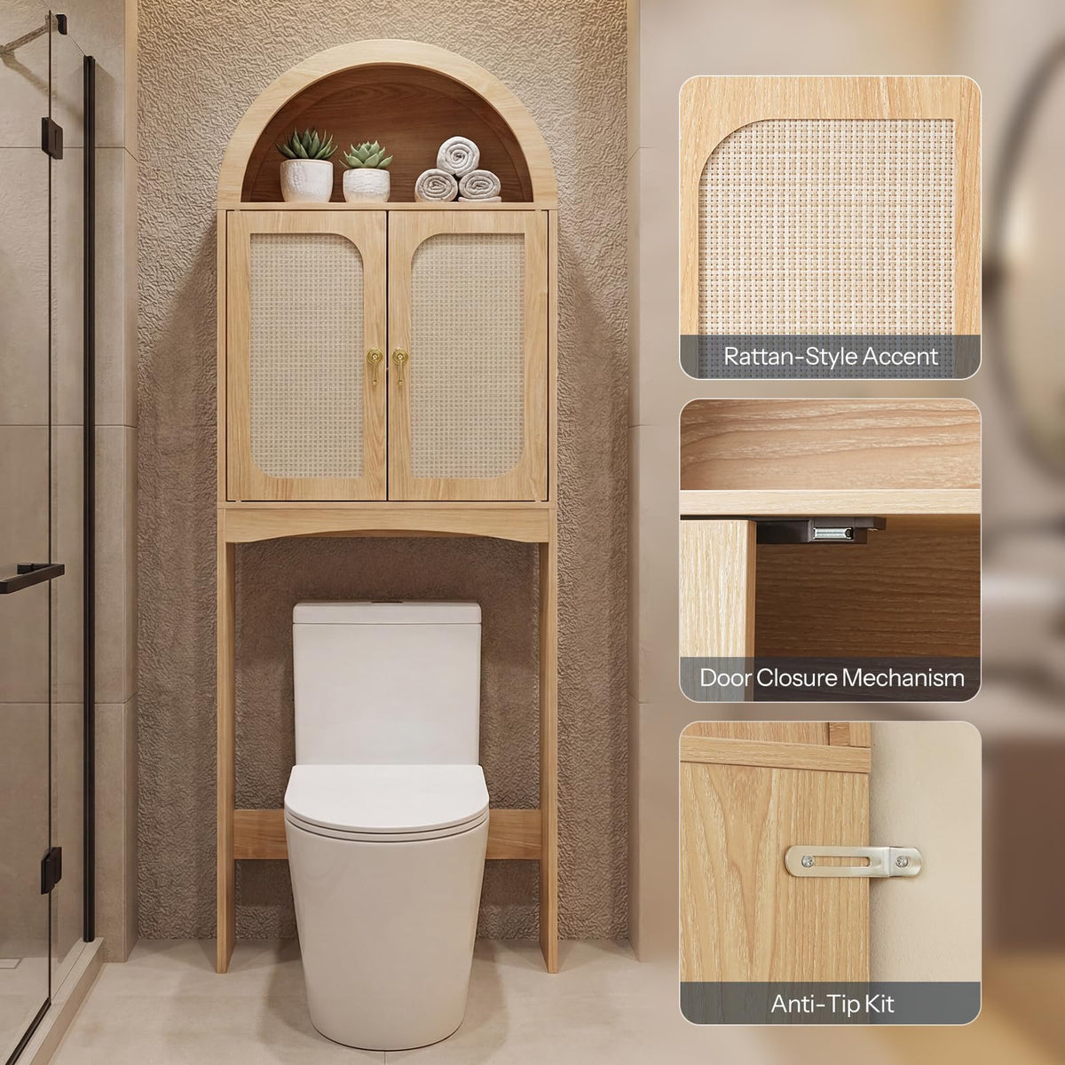 Arched Rattan Over the Toilet Storage Cabinet with Doors A861208