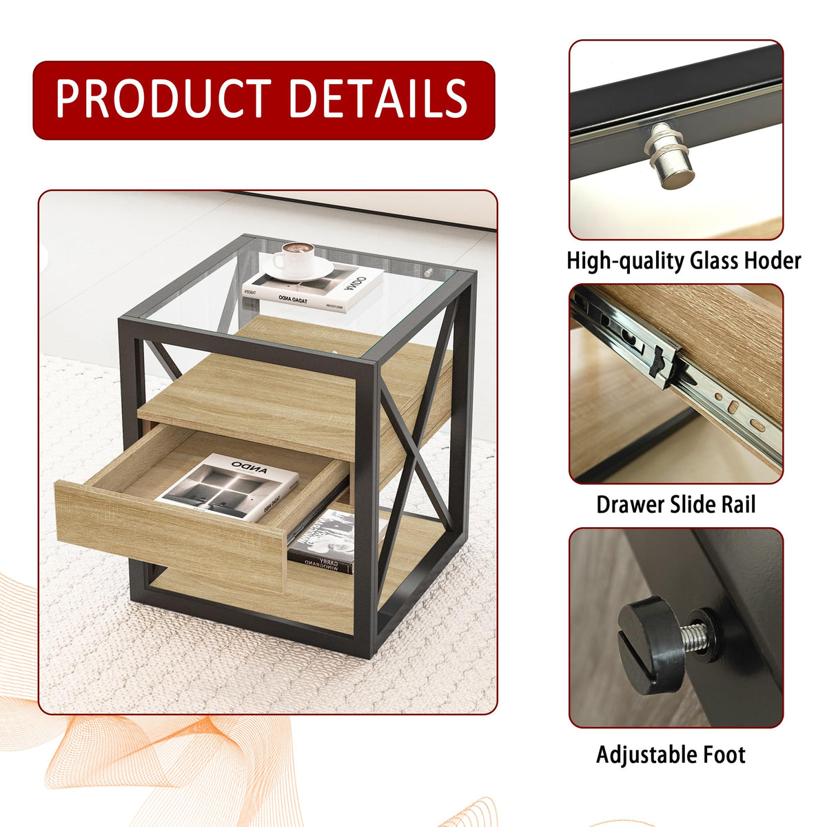 Brown Wood Glass Metal End Table Set of 2 I711