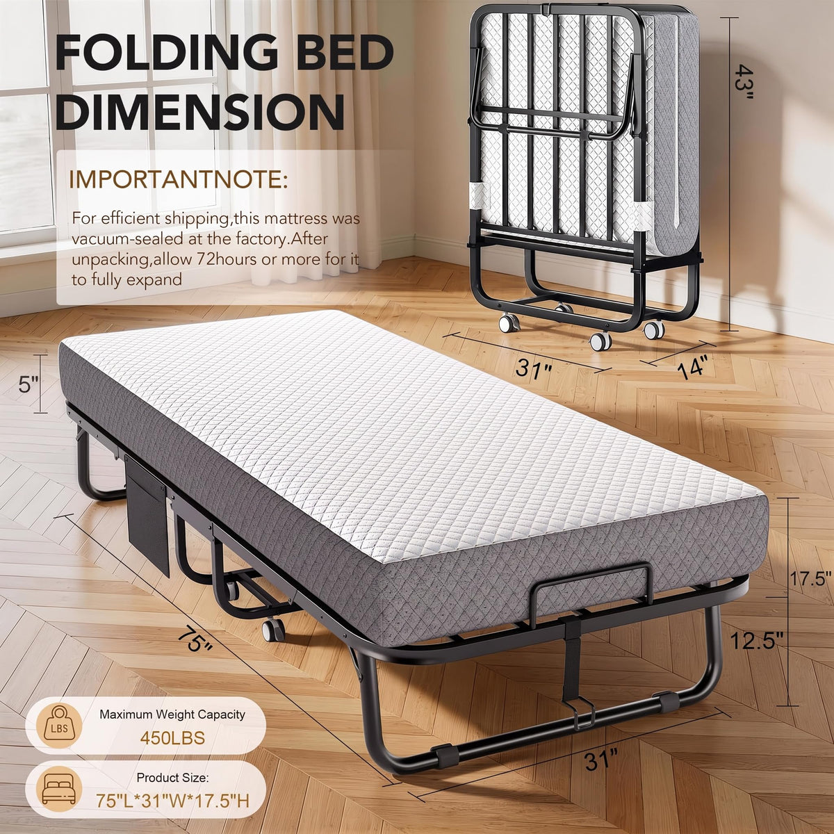 Folding Bed with Memory Foam Mattress Twin Size Metal Frame White Z76559
