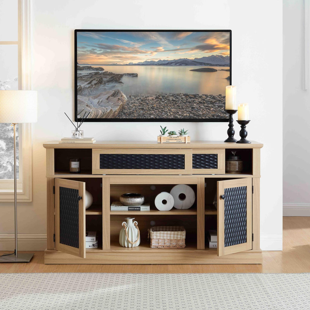 58 Inch Light Oak TV Stand with Sliding Doors P6247