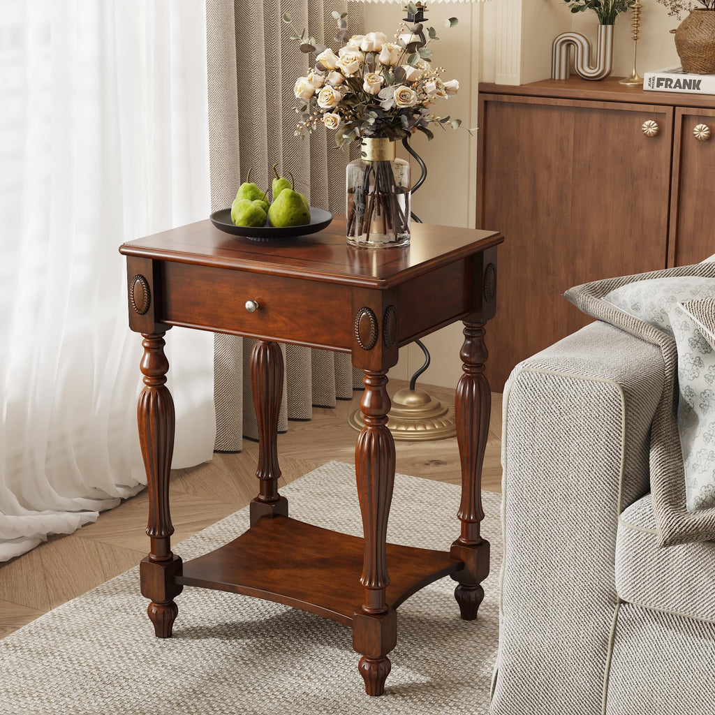 Solid Wood Side Table with Drawer, Cherry Walnut P669