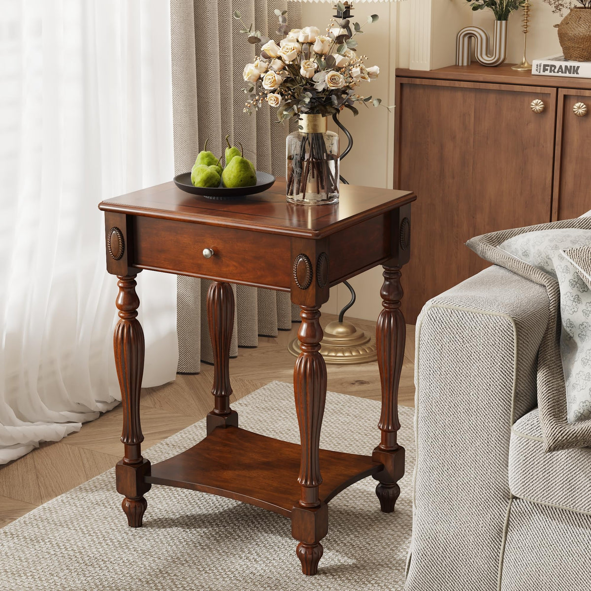 Solid Wood Side Table with Drawer, Cherry Walnut P669