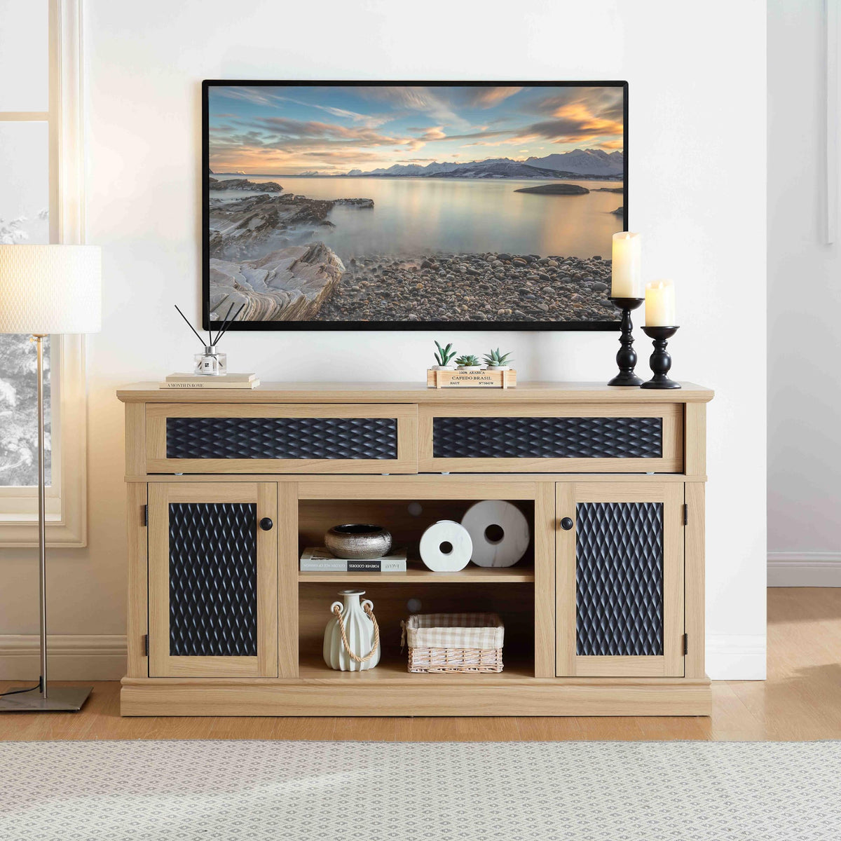 58 Inch Light Oak TV Stand with Sliding Doors P6247