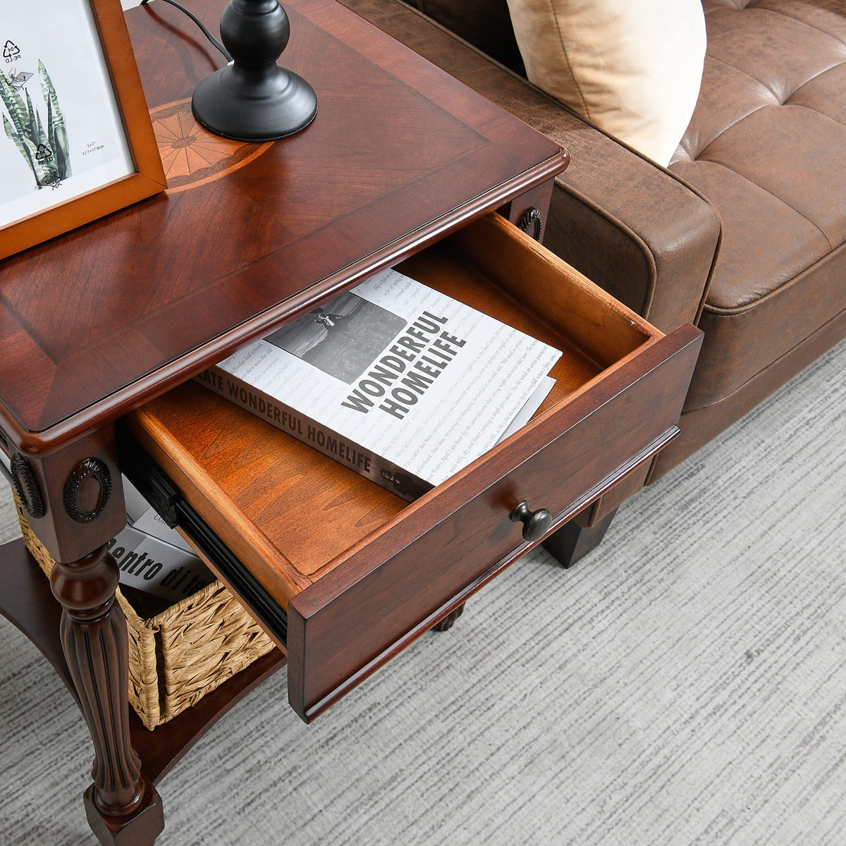 Solid Wood Side Table with Drawer, Cherry Walnut P669
